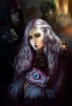 The Princess Is Holding A Baby Dragon In Her Hands, She Has Silvery Matted Hair, She Has Armor Under Her Cloak, Two Dead Kings Are Behind Her, They Look At Her Terribly, The Light Falls On Them.