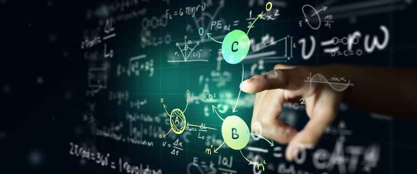 Wall Mural -  - Hand on science formula and math equation abstract black board background. Mathematic or Chemistry education, Artificial intelligence Concept.