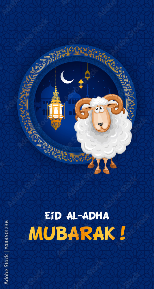 Eid Mubarak celebration Greeting card. Festive design for Muslim festival Eid Al Adha with sheep, silhouette of mosque, lanterns and crescent on night blue background. Vector illustration. - obrazy, fototapety, plakaty 