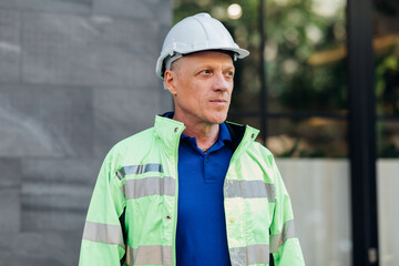 Wall Mural - Portrait of Technician Electrical Engineer at rooftop building. Clean and green alternative energy concept.