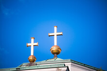 Two Golden Crosses Against The Blue Sky On Saint Sava Serbian Orthodox Church In Belgrade, Serbia