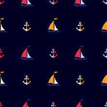 Colorful Sailboats And Anchor On A Dark, Blue Background. Seamless Background. Cute Marine Pattern For Fabric, Clothing, Textile, Wrapping Paper. Vector, Illustration