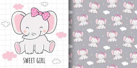 Draw card and print pattern sweet elephant for fabric textiles kids