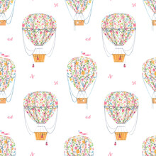 Beautiful Vector Seamless Pattern With Cute Watercolor Hand Drawn Air Baloons With Gentle Flowers. Stock Illustration.