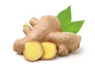 close up, fresh ginger rhizome with sliced and green leaves isolated on white background.