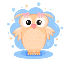 Cute Owl With Blue Cloud And Star And Pink Bow . Baby Shower Invitation.