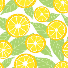 Seamless Lemon Pattern With Leaves, Tropical Summer Ornate For Wrapping Paper, Kitchen Textile, Fresh Surface Design With Citrus Fruit Slices, Yellow And Green Colors On White Background