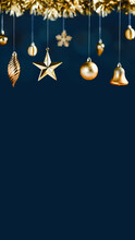 Merry Christmas Decoration Golden Star Bell Bauble And Tinsel On Navy Luxury Blue Vertical Background.banner Mockup Space For Display Of Product Or Design For Winter Holiday.ratio 16:9