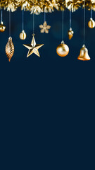 Poster - merry Christmas decoration golden star bell bauble and tinsel on navy luxury blue vertical background.banner mockup space for display of product or design for winter holiday.ratio 16:9