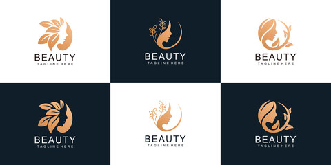 Wall Mural - Set of woman face with leaf style stylized beauty salon logo bundle