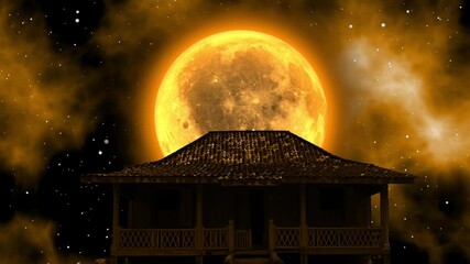 Wall Mural - Full moon and cloudy over an old house