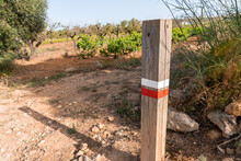 Wooden Post With GR Markings To Guide Hikers And Walkers On The Right Path. 