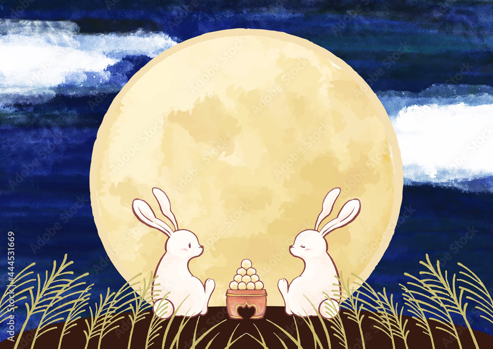 Stock-Illustration „手書きのお月見イラスト 水彩 十五夜 満月 ウサギ