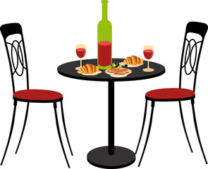 Table and two chairs in an outdoors restaurant terrace, served with vine and baked goods,  EPS 8 vector illustration