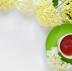 Wall Mural - Сup of hot tea with bouquet of hydrangea on white background.