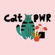 Cartoon cat. Hand drawn funny pet and lettering, green playful meow kitten power, domestic animals, sticker collection. Card, t-shirt or poster design, vector isolated illustration