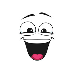 Wall Mural - Satisfied emoji isolated emoticon in good mood. Vector glad smiley with open mouth, funny laughing head. Vector pleased positive facial emotion of joy and happiness. Satisfied emoji support center bot