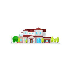 Sticker - Big american country house with car in garage isolated retro building facade exterior. Vector outdoor of modern villa, townhouse residence, green trees and street lanterns, city architecture element