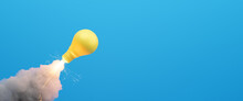 Ideas Inspiration Concepts Of Yellow Light Bulb Blasting Off Like Rocket On Blue Background.Business Start Up Or Goal To Success.Creativity Of Human.3d Render And Illustration