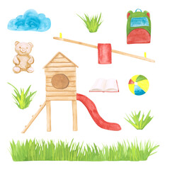 Watercolor set of 11 preschool clipart isolated on a white background. A ladder, a rucksack, a grass, a ball, a backpack, a cloud, and open book illustrations. Kindergarten objects.