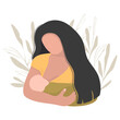 The woman is holding and breastfeeding the newborn baby. Mother feeding a baby. World breastfeeding week banner. Vector illustration. Breastfeeding illustration in cartoon style.