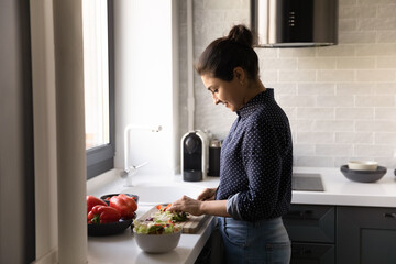 Happy millennial Indian woman cooking dinner in kitchen, cutting fresh organic vegetables for salad, keeping vegan diet and healthy lifestyle. Eating at home, homemade meal concept, vegetarian food.