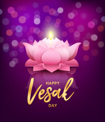 Wall Mural - Happy Vesak Day, lotus flower Greeting Card pink lotus, at night on bokeh purple background, Eps 10 vector illustration
