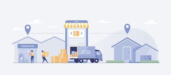 Wall Mural - Delivery service from stores or warehouses to customers' homes by truck. vector illustration