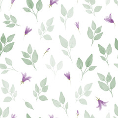 Simple and cute watercolor floral seamless pattern. Spring branches and leaves.