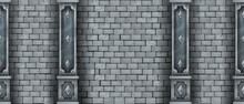 Brick Wall Seamless Texture, Ancient Castle Stone Background, Marble Pillars, Vector Medieval Masonry. Old Dungeon Rock Tiles, Vintage Temple Backdrop, Column. Brick Wall Architecture Interior Banner