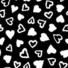 Wall Mural - Doodled hearts seamless repeat pattern. Random placed minimal vector love sings all over surface print on black background.