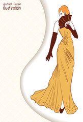Wall Mural - fashion retro illustration with woman in long dress and fan, yellow