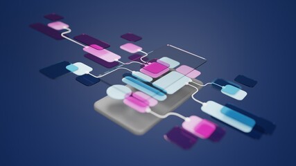 UX UI flowchart connection node graphic designer creative planning application process development data prototype wireframe for web mobile icon phone . User experience concept. 3d rendering.