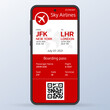 Plane ticket on the smartphone screen. Mobile boarding pass. Online, electronic airline ticket. Modern flight card blank design with the airplane. Air travel or trip concept. Vector illustration.