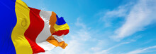Official Flag Of Buddhism Prefecture Waving In The Wind On Flagpoles Against Sky With Clouds On Sunny Day. Buddha Religion Flag Symbol, Concept. 3d Illustration