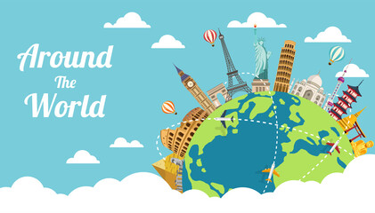 business travel with famous world landmarks. concept website template. road trip. journey and touris