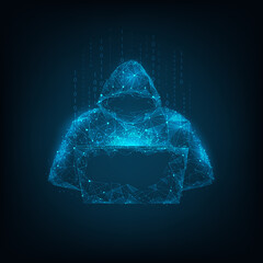 hacker at the laptop low poly wireframe. Internet security protection business concept. vector illustration point line dot geometric design. isolated on blue dark background.