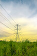 © Nuttapon - High voltage electricity distribution pole with trees shadow at sunset, electric supply transmission pylon line for energy generator technology industry