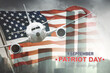 Airplane with American flag and Patriot day text