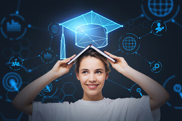 Smiling businesswoman holding an open book on her head and pondering about educational prospective in future career, master degree programs in business administration, postgraduate level.