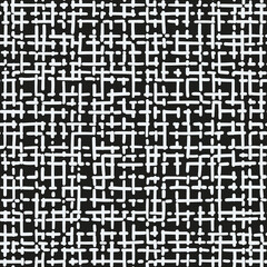 Monochrome abstract check seamless repeat pattern. White distructed grid, vector twill plaid all over surface print on black background.