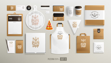 Concept of Pizzeria logo with Corporate Brand identity Mockup set. Realistic MockUp set of pizza delivery box, uniform, street menu, paper food package. Take away Pizza Shop mock up