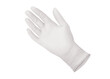 Medical nitrile gloves.Two white surgical gloves isolated on white background with hands. Rubber glove manufacturing, human hand is wearing a latex glove. Doctor or nurse putting on protective gloves