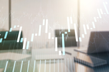 Multi exposure of abstract creative financial graph and modern desktop with computer on background, forex and investment concept