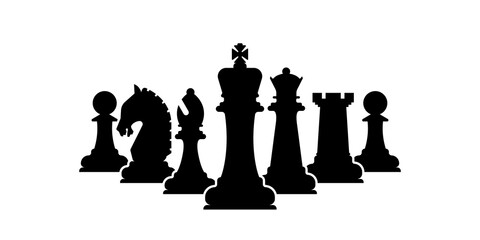 Vector chess pieces team isolated on white. Silhouettes of chess pieces