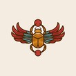 Egyptian scarab and wings vintage Illustration. Ancient Egypt art. traditional Color tattoo design. Magic symbol of pharaoh, gods Ra and sun. Historical art, t-shirt design artwork