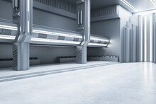 White Concrete Futuristic Interior With Illuminated Walls. Exhibition Center And Future Concept. 3D Rendering.