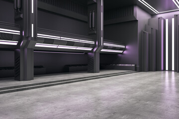 Modern concrete futuristic interior with illuminated walls. Exhibition center and future concept. 3D Rendering.