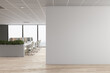 © Who is Danny - Modern concrete coworking office interior with furniture, window with city view, daylight and empty mockup place on wall. Corporate concept. Mock up, 3D Rendering.