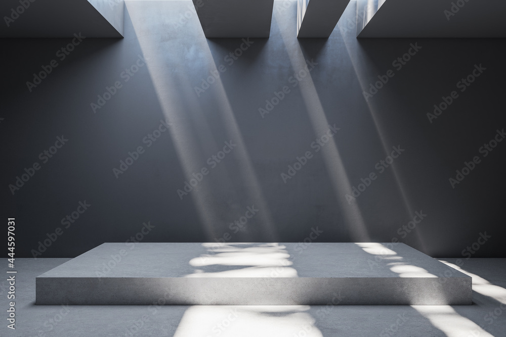 Dark grey concrete exhibition room interior with podium and empty mockup place. Mock up, 3D Rendering. - obrazy, fototapety, plakaty 